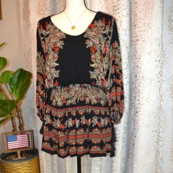 Free People Moonlight Drive Black Smocked Mini Dress Long Sleeve Boho Chic -Sz M - Picture 1 of 10
